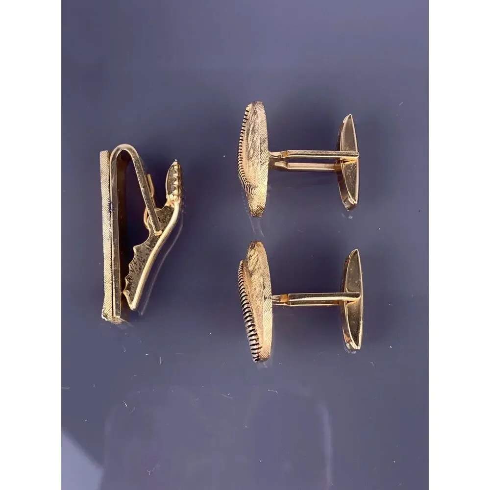 Oval Rope Coil Gold Plated Cufflinks Tie Clip Textured MCM Modern Vintage